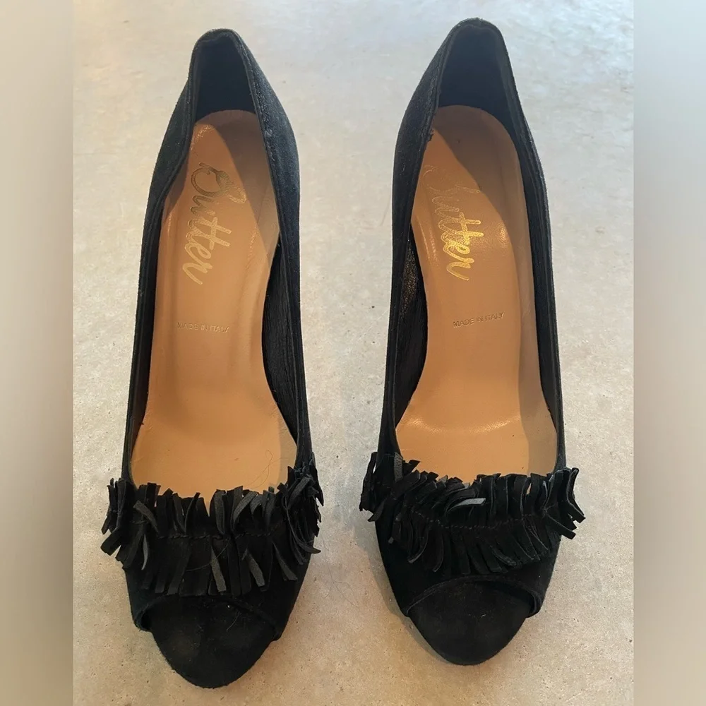 Butter Black Suede Peep Toe Heels Womens 7 Made in Italy Fringe Stiletto